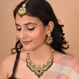 Kundan Opulance Green CZ-Pearl Yellow Gold-Plated Short Necklace Set