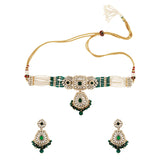Kundan Opulance Green CZ-Pearl Beaded Yellow Gold-Plated Choker Set