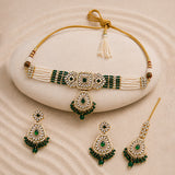 Kundan Opulance Green CZ-Pearl Beaded Yellow Gold-Plated Choker Set