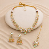 Kundan Opulance Light Pink Pearl-Beaded Circle Motif Yellow Gold-Plated Necklace Set
