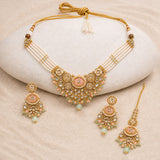 Kundan Opulance Light Pink Multi CZ-Pearl Yellow Gold-Plated Short Necklace Set
