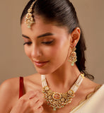 Kundan Opulance Light Pink Multi CZ-Pearl Yellow Gold-Plated Short Necklace Set