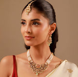 Kundan Opulance Light Pink Multi CZ-Pearl Yellow Gold-Plated Short Necklace Set
