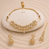 Kundan Opulance White Smoke Pearl-Beaded Yellow Gold-Plated Short Necklace Set