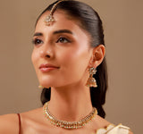 Kundan Opulance Light Pink Multi Pearl-Beaded Yellow Gold-Plated Short Necklace Set
