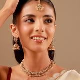 Kundan Opulance Light Pink Multi Pearl-Beaded Yellow Gold-Plated Short Necklace Set