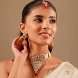 Kundan Opulance Maroon CZ-Pearl Beaded Yellow Gold-Plated Choker Set