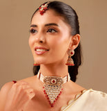 Kundan Opulance Maroon CZ-Pearl Beaded Yellow Gold-Plated Choker Set