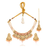 Kundan Opulance Light Pink CZ-Pearl Medallion Yellow Gold-Plated Short Necklace Set