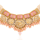 Kundan Opulance Light Pink CZ-Pearl Medallion Yellow Gold-Plated Short Necklace Set