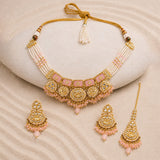 Kundan Opulance Light Pink CZ-Pearl Medallion Yellow Gold-Plated Short Necklace Set