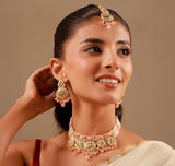 Kundan Opulance Light Pink CZ-Pearl Medallion Yellow Gold-Plated Short Necklace Set