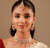 Kundan Opulance Light Pink CZ-Pearl Medallion Yellow Gold-Plated Short Necklace Set