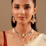 Kundan Opulance Light Pink Pearl-Beaded Yellow Gold-Plated Short Necklace Set