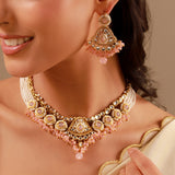 Kundan Opulance Light Pink Pearl-Beaded Yellow Gold-Plated Short Necklace Set