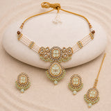 Kundan Opulance Light Green CZ-Pearl Beaded Yellow Gold-Plated Choker Set