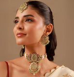 Kundan Opulance Light Green CZ-Pearl Beaded Yellow Gold-Plated Choker Set