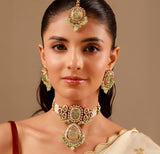 Kundan Opulance Light Green CZ-Pearl Beaded Yellow Gold-Plated Choker Set