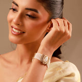 Kundan Opulance WhiteSmoke Oval CZ-Pearl Beaded Yellow Gold-Plated Bracelet