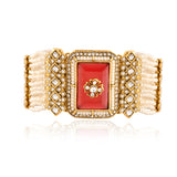 Kundan Opulance Maroon CZ Pearl-Beaded Yellow Gold-Plated Bracelet