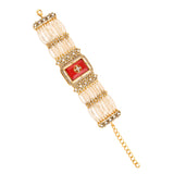 Kundan Opulance Maroon CZ Pearl-Beaded Yellow Gold-Plated Bracelet