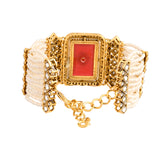 Kundan Opulance Maroon CZ Pearl-Beaded Yellow Gold-Plated Bracelet