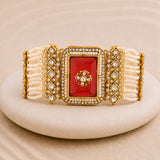 Kundan Opulance Maroon CZ Pearl-Beaded Yellow Gold-Plated Bracelet