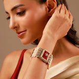 Kundan Opulance Maroon CZ Pearl-Beaded Yellow Gold-Plated Bracelet