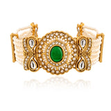 Kundan Opulance Green Oval CZ-Pearl Beaded Yellow Gold-Plated Bracelet
