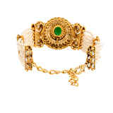 Kundan Opulance Green Oval CZ-Pearl Beaded Yellow Gold-Plated Bracelet