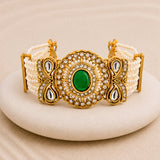 Kundan Opulance Green Oval CZ-Pearl Beaded Yellow Gold-Plated Bracelet