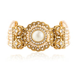 Kundan Opulance Light Pink CZ-Pearl Yellow Gold-Plated Bracelet