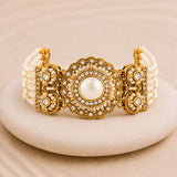 Kundan Opulance Light Pink CZ-Pearl Yellow Gold-Plated Bracelet