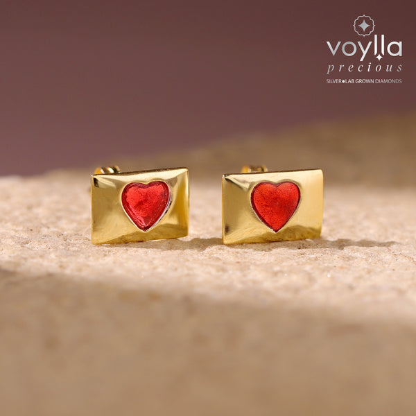 Valentine's Day Love Sealed Red Heart Sterling Silver Stud Earrings