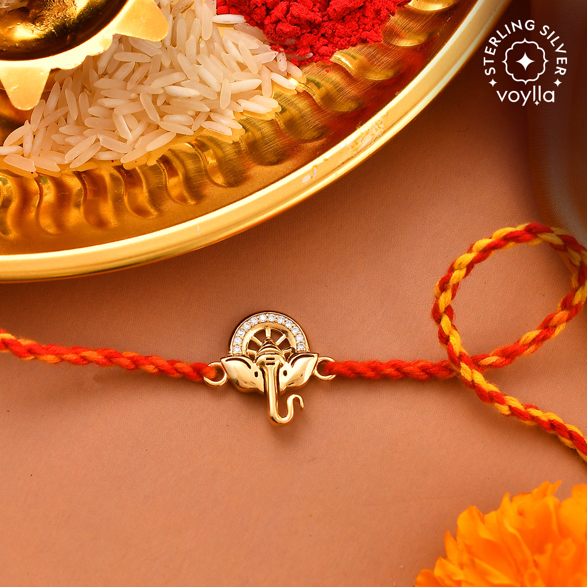 925 Sterling Silver Ganesha 22k Gold Micron Plated Thread Rakhi