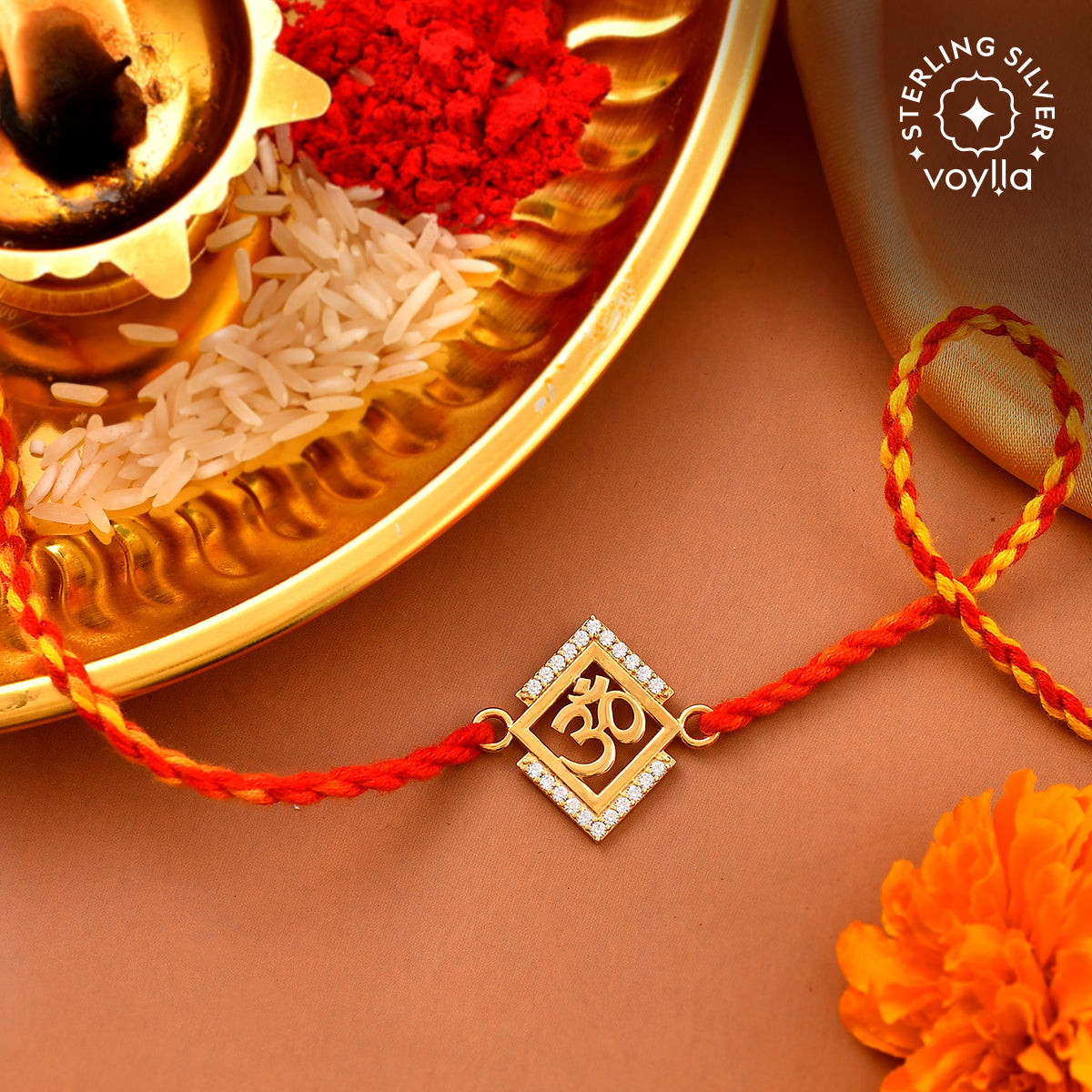 925 Sterling Silver Auspicious Om 22k Gold Micron Plated Thread Rakhi