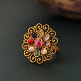 Gold Essentials Navaratna Antique Temple Ring