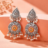 Silver Oxidised Pearl Beaded Dangler Earrings - Antique Elegance