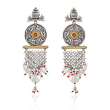 Silver Oxidised Pearl Drop Statement Earrings - Antique Elegance