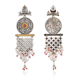 Silver Oxidised Pearl Drop Statement Earrings - Antique Elegance
