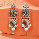 Silver Oxidised Pearl Drop Statement Earrings - Antique Elegance