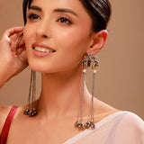 Dual Tone Parrot Motif Chain Tassel Earrings with Ghungroo Drops - Antique Elegance