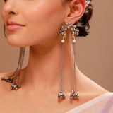Dual Tone Parrot Motif Chain Tassel Earrings with Ghungroo Drops - Antique Elegance