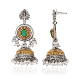 Green Stone Jhumka – Antique Elegance Silver Gold Tone Earrings