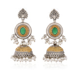 Green Stone Jhumka – Antique Elegance Silver Gold Tone Earrings