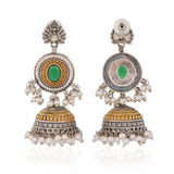 Green Stone Jhumka – Antique Elegance Silver Gold Tone Earrings