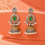 Green Stone Jhumka – Antique Elegance Silver Gold Tone Earrings