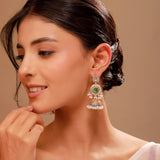 Green Stone Jhumka – Antique Elegance Silver Gold Tone Earrings