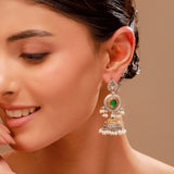 Green Stone Jhumka – Antique Elegance Silver Gold Tone Earrings