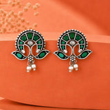 Emerald Paisley Dual Tone Stud Earrings - Antique Elegance